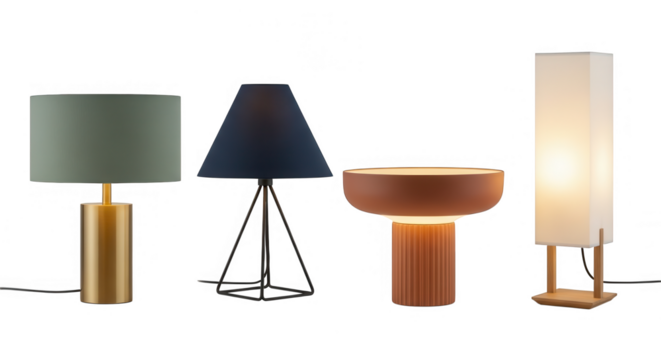 Four modern table lamps isolated on transparent background