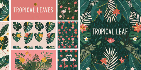 Collection of tropical leaves flowers and flamingo patterns in a collage style © Debashis