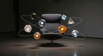 Modern armchair centered amidst orbiting glowing geometric shapes in a dimly lit space