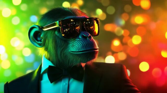 cool party monkey with sunglasses on colorful disco background illustrated animation