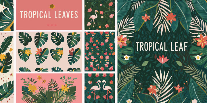 Collection of tropical leaves flowers and flamingo patterns in a collage style
