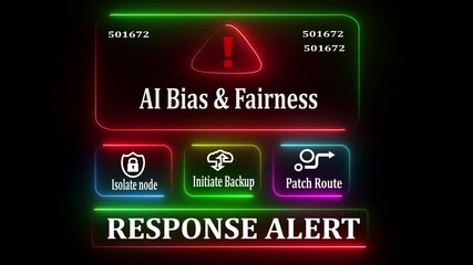 Al Bias and Fairness response notification on digital interface in data center server room with isolate node initiate backup patch route options. glowing neon lights cybersecurity hacking Warning