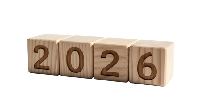 Wooden Blocks Displaying the Year 2026 on a White Background