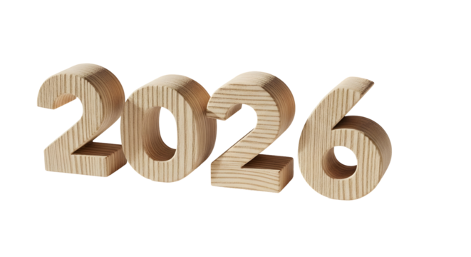 Wooden numbers forming the year 2026 against a white background, symbolizing the future and planning