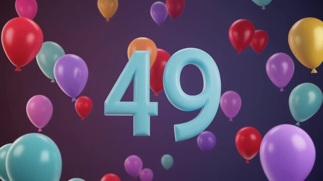 Number 49 surrounded by balloons. Festive video for birthday or anniversary party