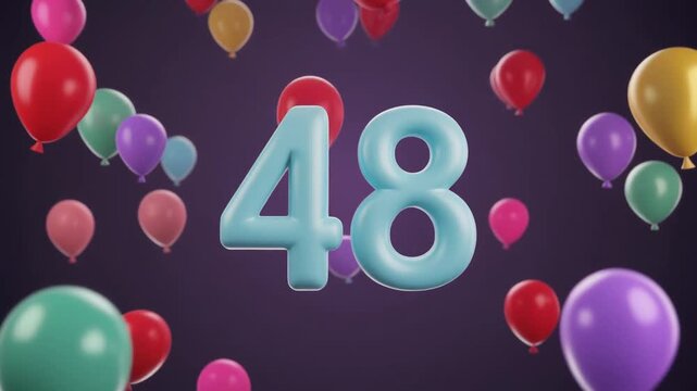 Number 48 surrounded by balloons. Festive video for birthday or anniversary party