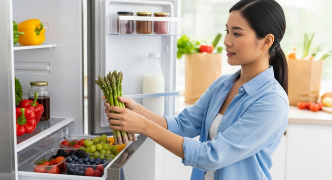 Asian woman putting groceries in fridge while organizing vegetables