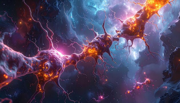 Glowing tendrils stretch through nebula clouds. A cosmic dance of light, vibrant colors, and implied biological form