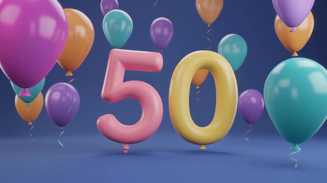 Number 50 surrounded by balloons. Festive video for birthday or anniversary party