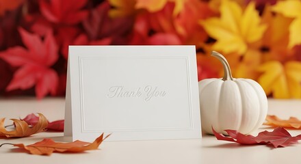 Autumnal still life scene with a Thank You card, a white mini pumpkin, and a festive display of colorful fall leaves