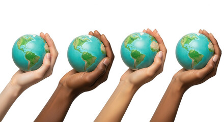 Diverse hands holding globe isolated on transparent background