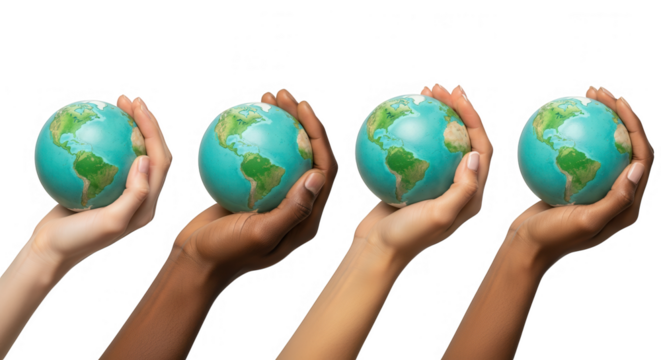 Diverse hands holding globe isolated on transparent background