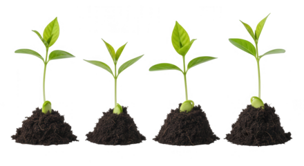 Four small plants growing in soil isolated on transparent background
