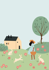 Illustration of girl near house with two hares on meadow surrounded by flowers, bushes and trees, showing youth character in warm countryside clipart setting with gentle summer nature. Flat vector art