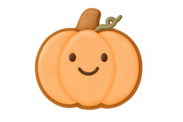 Cute pumpkin cookie with a happy smiling face, cartoon gingerbread treat for halloween and autumn holidays, transparent background