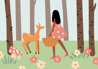 Illustration of woman with basket near fawn in forest with trees, mushrooms and flowers, showing human character, adult figure and gentle woodland scene. Flat vector illustration.