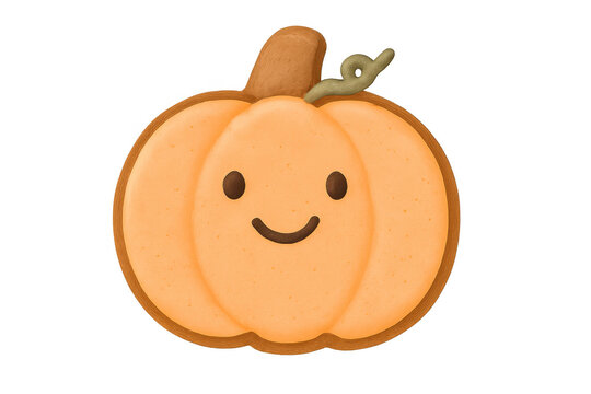 Cute pumpkin cookie with a happy smiling face, cartoon gingerbread treat for halloween and autumn holidays, transparent background