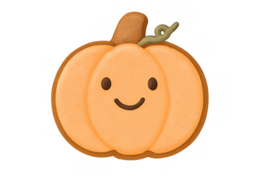 Cute pumpkin cookie with a happy smiling face, cartoon gingerbread treat for halloween and autumn holidays, transparent background