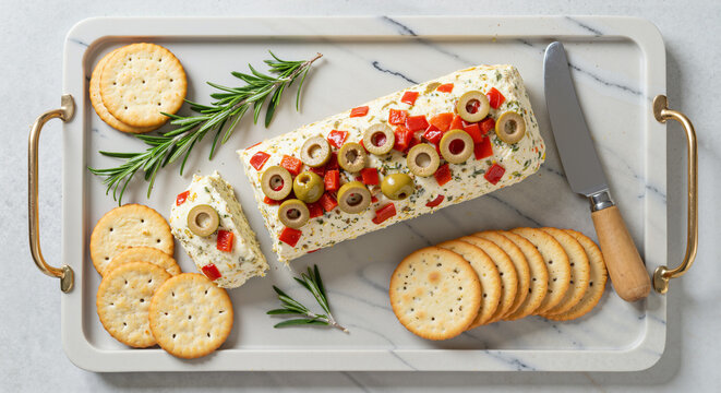 Spreadable cheese log with olives and crackers on serving tray - Powered by Adobe