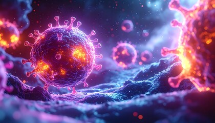 Illuminated, magnified depiction of virus particles on a textured surface with surrounding nebula-like light