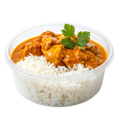 Chicken curry with white rice and a parsley garnish served in a clear plastic takeout container isolated on transparent background. PNG die-cut for advertising