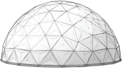 Transparent geodesic dome with interconnected triangular panels, showcasing architectural design
