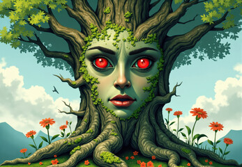 Tree with Female Face and Orange Flowers
