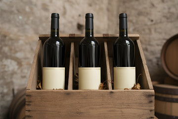 Naklejka premium Three wine bottles displayed in a rustic wooden crate, showcasing elegant design and blank labels, set against a textured stone wall in a winery environment