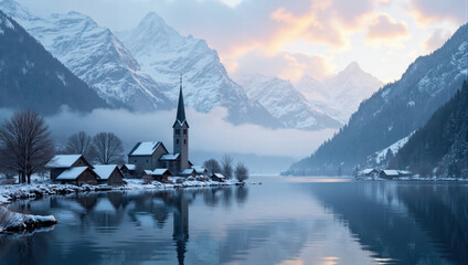 Snow-Covered Village by Lake and Mountains at Dawn