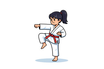 Young girl practicing martial arts in a white uniform with a red belt, demonstrating a powerful kick stance in a dynamic and energetic illustration style