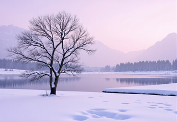 Snow-Covered Tree by Lake at Dawn with Mountain Background