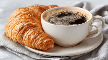Freshly baked croissant placed beside a steaming cup of black coffee on a textured gray surface,...