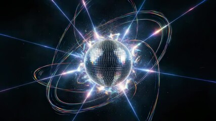 Shiny mirrored disco ball rotating in the center of a dark background, reflecting bright, colorful laser beams and surrounded by glowing light trails for a festive party atmosphere - Powered by Adobe