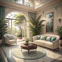 Elegant living room with garden view, natural light and lush plants.