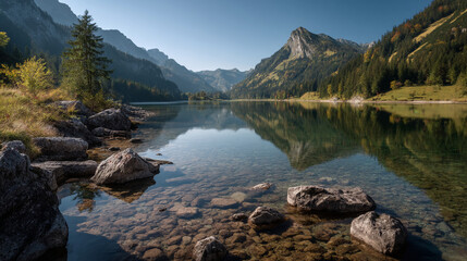 Calm lake reflecting mountains and trees under a clear blue sky in a natural setting