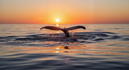 Humpback whale tail with peaceful mood diving into the ocean against vibrant sunset sky background