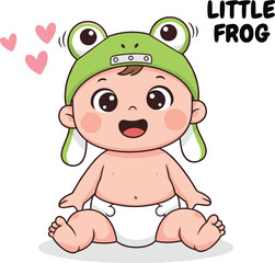 Baby in frog hat, cartoon infant, cute baby, heart symbols, kids illustration, cheerful child, diapered baby, little frog, flat vector illustration