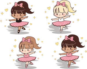 ballerina girls, ballet poses, pink tutus, dance diversity, cartoon dancers, kids theme, cheerful design, flat vector illustration