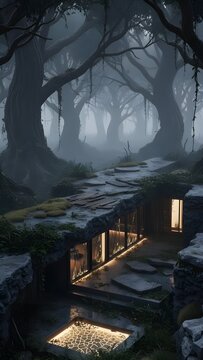 Old stone house at abandoned forest 
