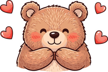 hugging bear, cartoon animal, love hearts, cute expression, emotional comfort, friendly character, kids theme, flat vector illustration