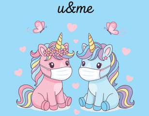 Cartoon unicorns, rainbow mane, face mask, flower crown, star accessory, pink hearts, butterflies, friendship theme, flat vector illustration