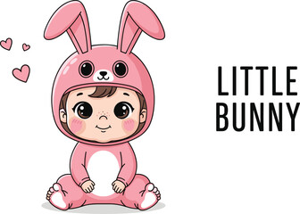 little bunny costume, child illustration, pink hearts, cute character, playful pose, kids theme, emotional warmth, flat vector illustration