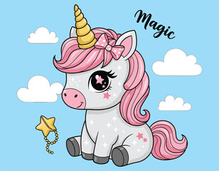 cute unicorn, magic wand, pink mane, golden horn, fantasy pet, star eyes, cloud background, flat vector illustration