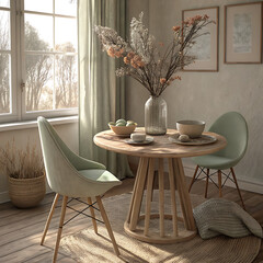 Cozy sunlit dining room with modern furniture and elegant decor.