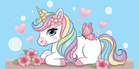 lying unicorn, pastel mane, golden horn, pink butterfly, flower crown, fantasy pet, cute character, flat vector illustration