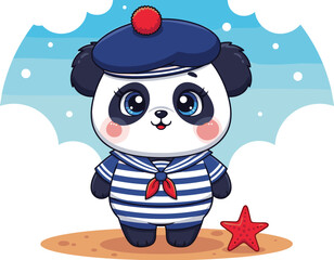 sailor panda, cartoon animal, striped shirt, red neckerchief, blue beret, beach scene, cute character, flat vector illustration