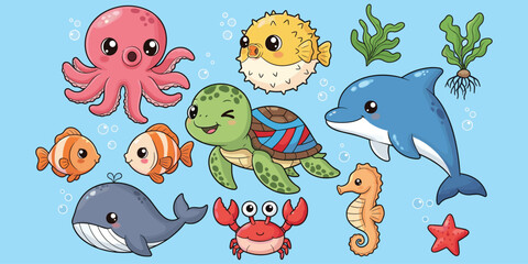 sea animals, ocean creatures, underwater cartoon, marine life, kids illustration, colorful design, bubbles background, flat vector illustration