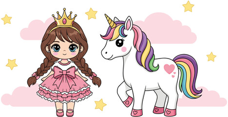 Princess girl, unicorn, rainbow mane, magical fantasy, cute cartoon, pink dress, fairy tale, stars, clouds, crown, hearts, whimsical scene, adorable character, children illustration