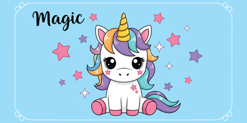 sitting unicorn, multicolor mane, golden horn, pink hooves, fantasy pet, star markings, cloud background, flat vector illustration