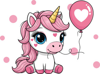 unicorn with balloon, pink mane, golden horn, heart cheeks, fantasy pet, polka dot background, flat vector illustration